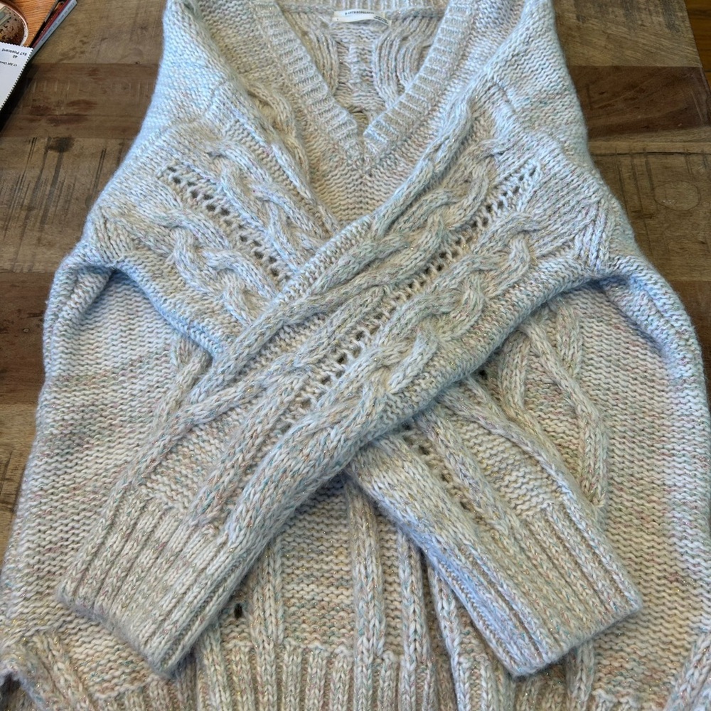 Anthropologie V-Neck Cable Knit tunic Sweater - White With Pink and Blue